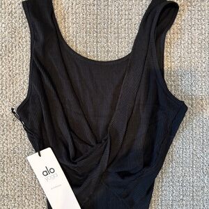 ALO Yoga Black Ribbed Twist-Front Tank